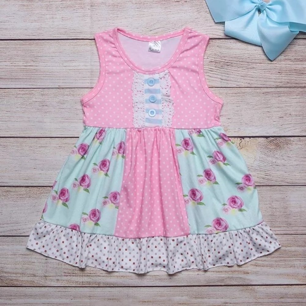 Boutique Girls Floral Blue Pink Sleeveless Dress